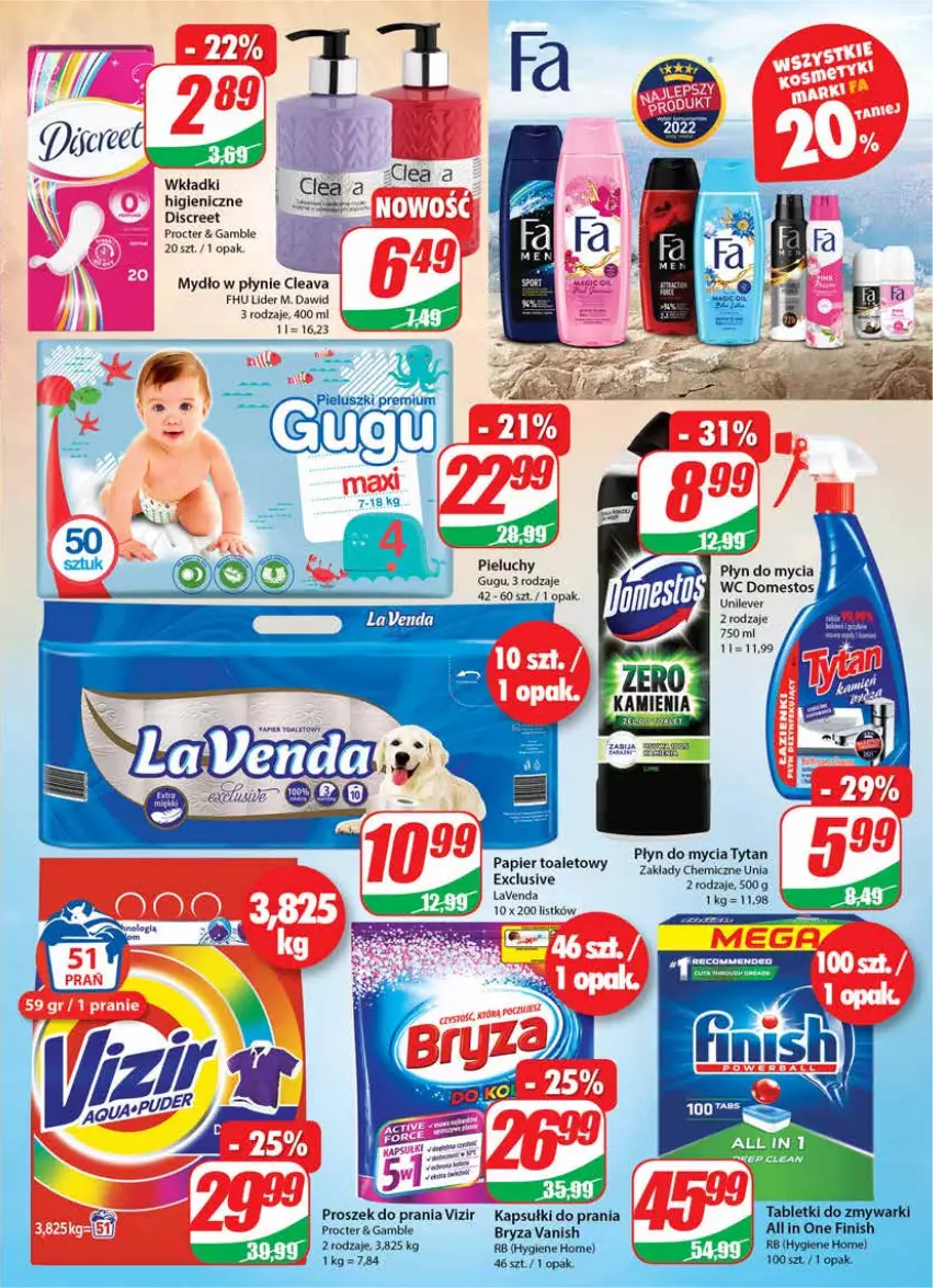 Gazetka promocyjna Dino - Gazetka - ważna 02.03 do 08.03.2022 - strona 23 - produkty: Discreet, Domestos, Fa, Kapsułki do prania, Mydło, Mydło w płynie, Papier, Papier toaletowy, Pieluchy, Płyn do mycia, Tytan, Vizir, Wkładki