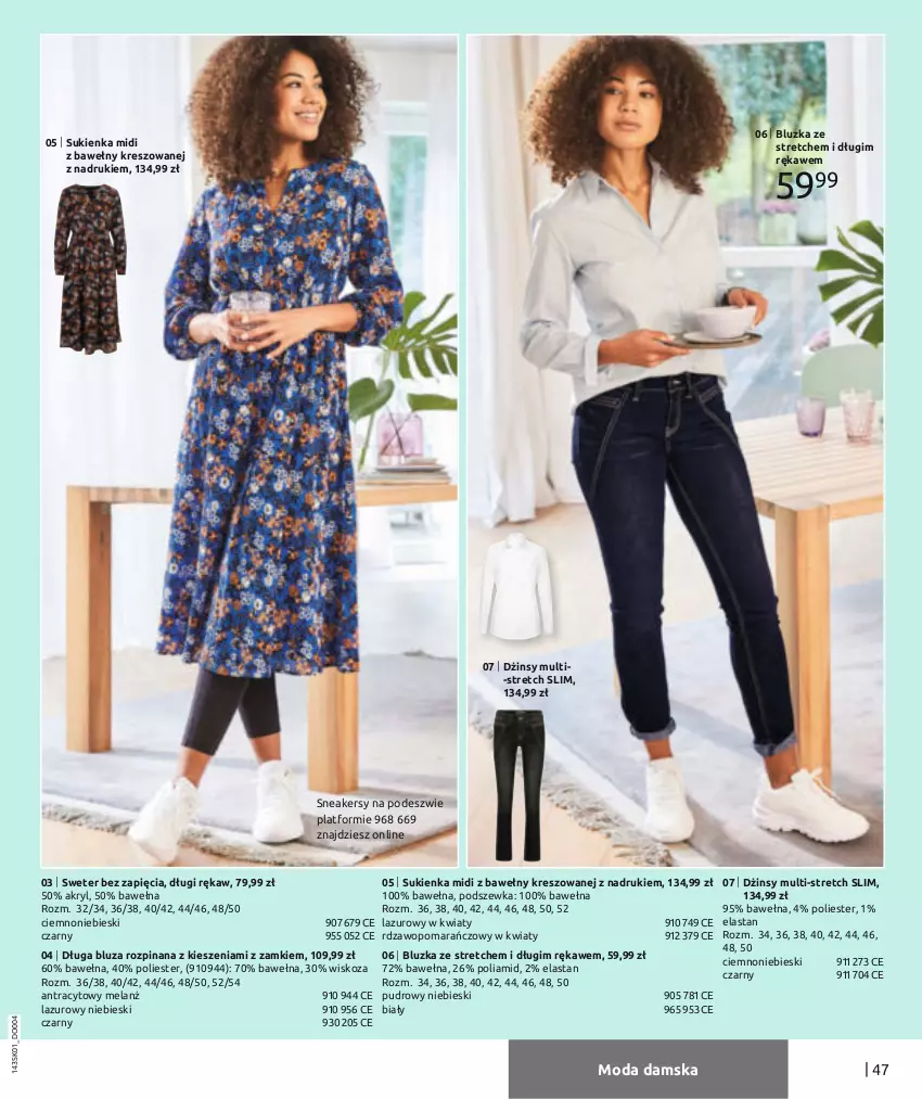 Gazetka promocyjna Bonprix - Moda dla Mnie - ważna 01.01 do 18.07.2021 - strona 49 - produkty: Bluza, Dżinsy, Lazur, Moda, Sneakersy, Sukienka, Sweter, Wełna