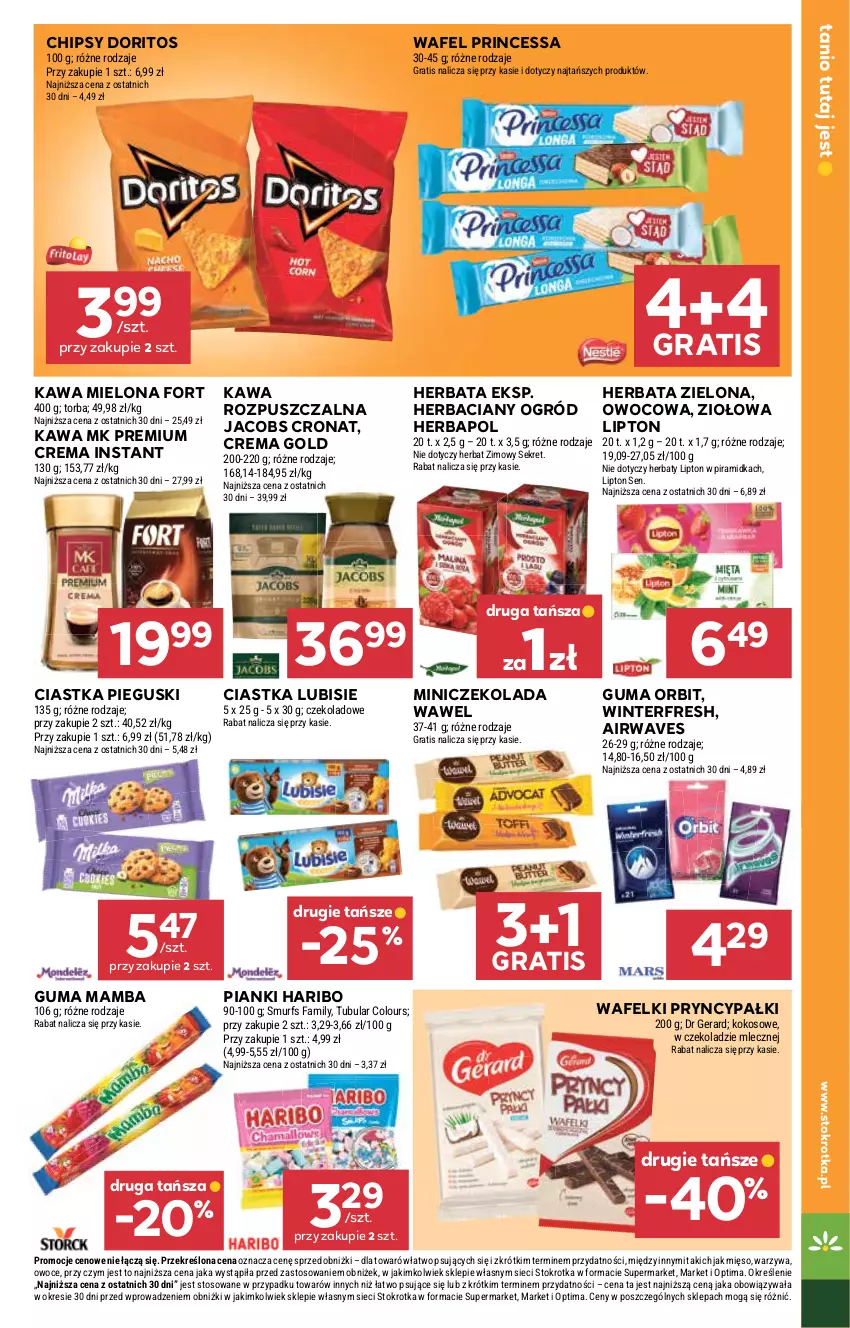 Gazetka promocyjna Stokrotka - Supermarket - ważna 16.07 do 22.07.2026 - strona 23 - produkty: Chipsy, Ciastka, Czekolada, Dr Gerard, Fa, Gra, Haribo, Herbapol, Herbata, Jacobs, Kawa, Kawa mielona, Kawa rozpuszczalna, Kokos, Kret, Lipton, Lubisie, Mamba, Mięso, Ogród, Optima, Orbit, Owoce, Princessa, Torba, Warzywa, Wawel