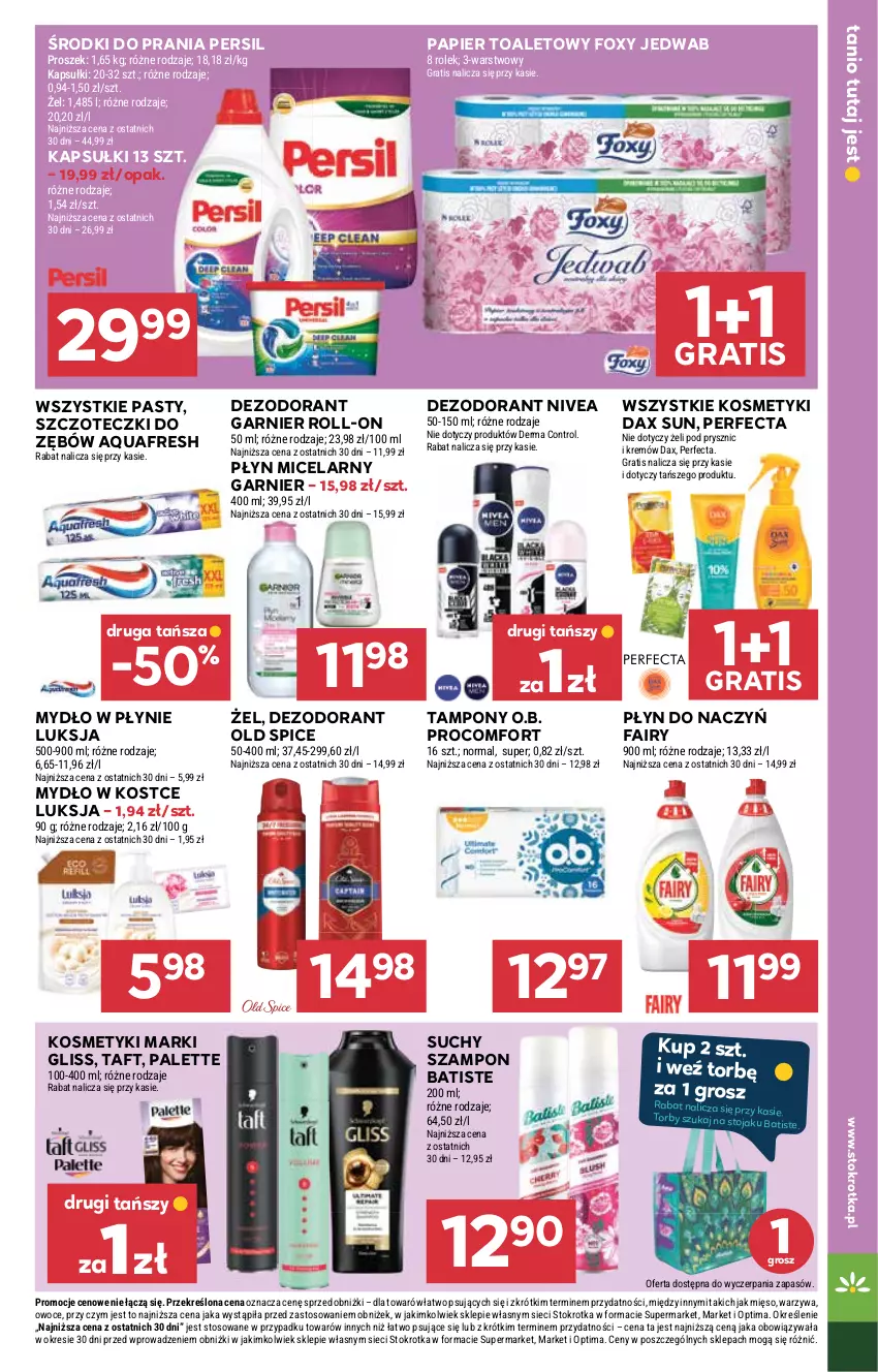 Gazetka promocyjna Stokrotka - Supermarket - ważna 16.07 do 22.07.2026 - strona 37 - produkty: Aquafresh, Batiste, Control, DAX, Dezodorant, Fa, Fairy, Foxy, Garnier, Gra, Luksja, Mięso, Mydło, Mydło w płynie, Nivea, O.B., Old Spice, Optima, Owoce, Palette, Papier, Papier toaletowy, Perfecta, Persil, Płyn micelarny, Stojak, Suchy szampon, Szampon, Taft, Tampony, Warzywa