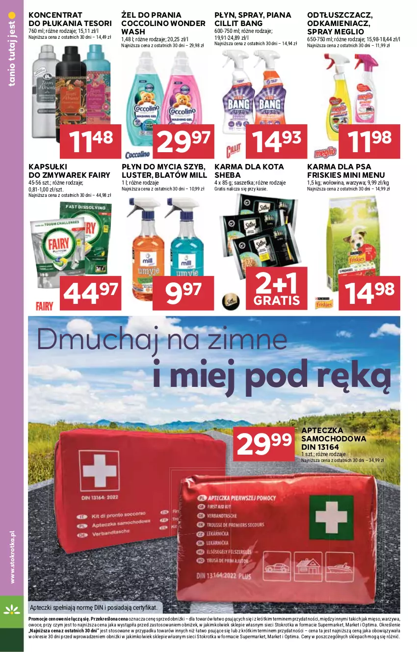 Gazetka promocyjna Stokrotka - Supermarket - ważna 16.07 do 22.07.2026 - strona 38 - produkty: Apteczka samochodowa, Cillit Bang, Coccolino, Fa, Fairy, Friskies, Gra, Mięso, Odkamieniacz, Odtłuszczacz, Optima, Owoce, Płyn do mycia, Sheba, Warzywa, Wołowina