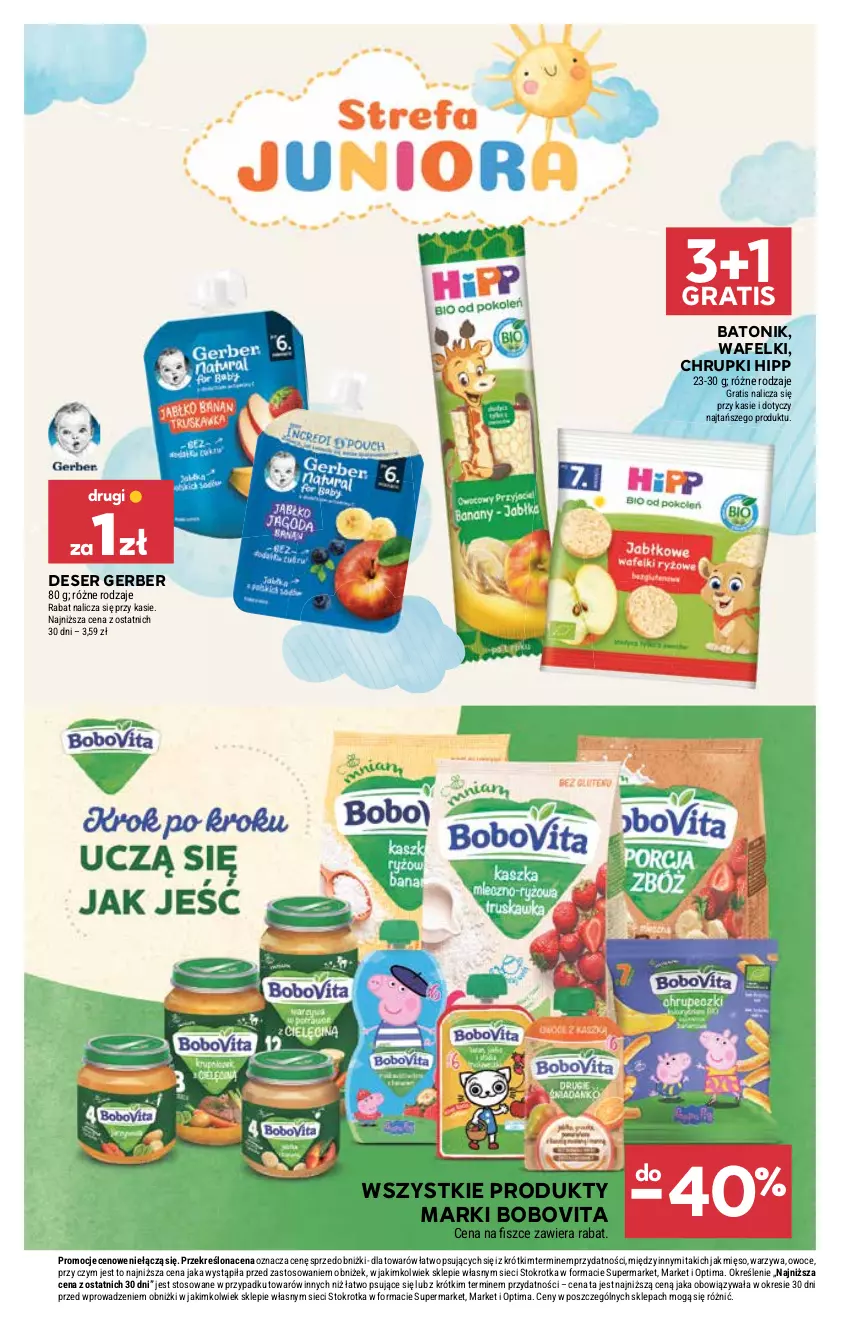 Gazetka promocyjna Stokrotka - Supermarket - ważna 16.07 do 22.07.2026 - strona 42 - produkty: Baton, BoboVita, Chrupki, Deser, Gerber, Gra, HiPP, Mięso, Optima, Owoce, Ser, Tonik, Vita C, Warzywa