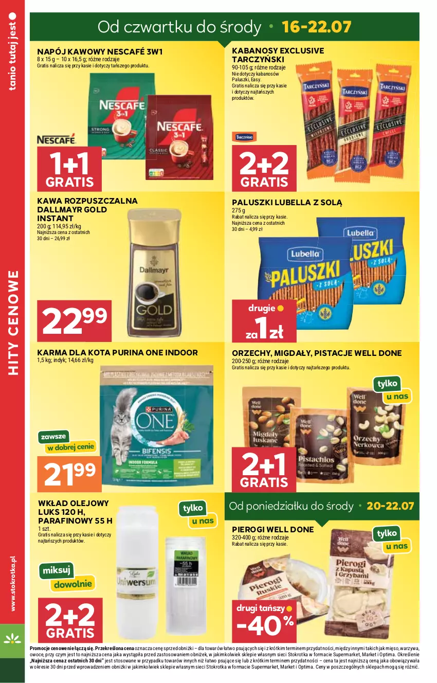 Gazetka promocyjna Stokrotka - Supermarket - ważna 16.07 do 22.07.2026 - strona 6 - produkty: Bell, Bella, Dallmayr, Gra, Kabanos, Kawa, Kawa rozpuszczalna, Lubella, Mięso, Migdały, Napój, Nescafé, Olej, Optima, Owoce, Pierogi, Pistacje, Pur, Purina, Tarczyński, Warzywa, Wkład olejowy