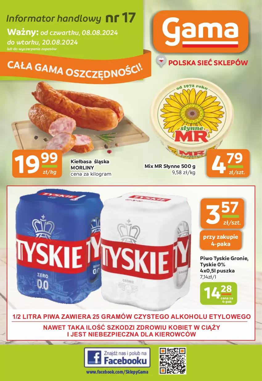 Gazetka promocyjna Gama - Gazetka Gama - ważna 08.08 do 20.08.2024 - strona 1 - produkty: Fa, Gra, Kiełbasa, Kiełbasa śląska, Morliny, Piec, Piwa, Piwo, Słynne, Tyskie