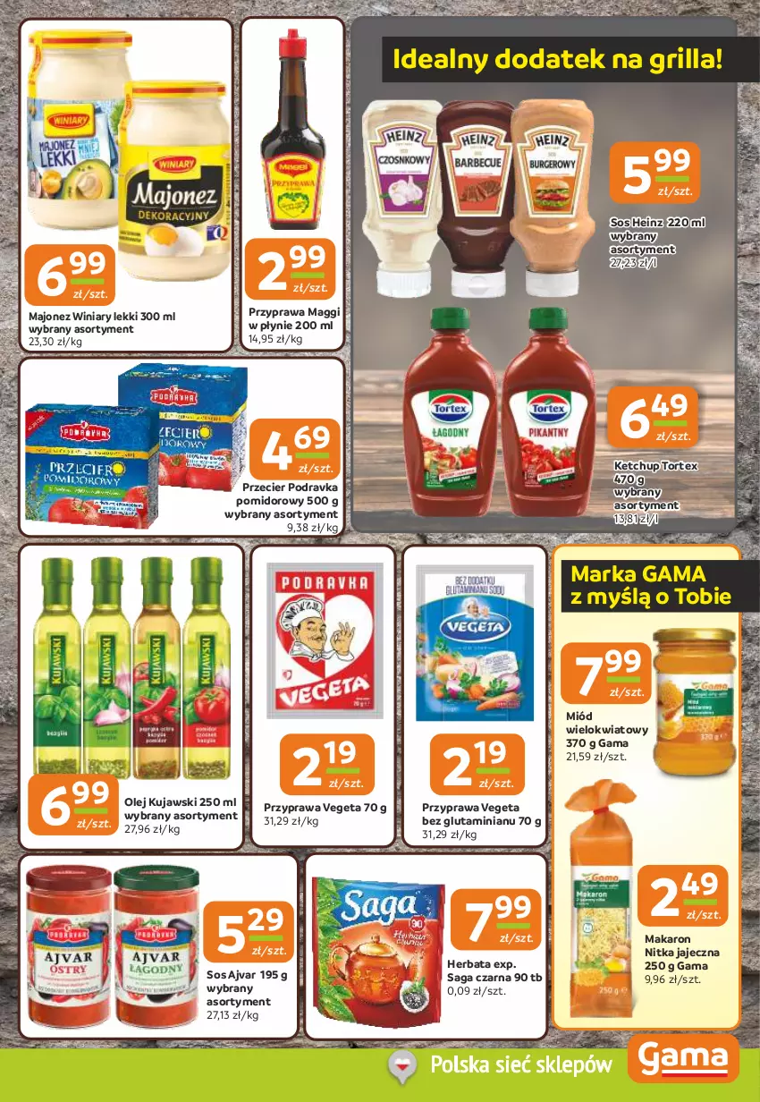 Gazetka promocyjna Gama - Gazetka Gama - ważna 08.08 do 20.08.2024 - strona 7 - produkty: Grill, Heinz, Herbata, Ketchup, Kujawski, Maggi, Majonez, Makaron, Miód, Olej, Podravka, Saga, Sos, Vegeta, Winiary