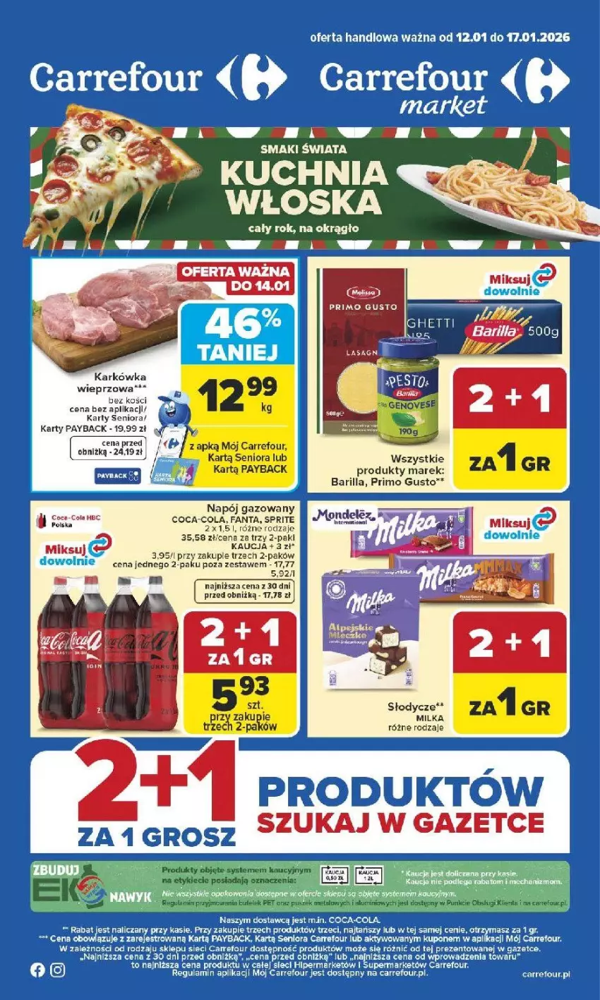 Gazetka promocyjna Carrefour - Gazetka Carrefour, Market od poniedziału! - ważna 12.01 do 17.01.2026 - strona 1 - produkty: Barilla, Coca-Cola, Fa, Fanta, Milka, Napój, Napój gazowany, Sprite