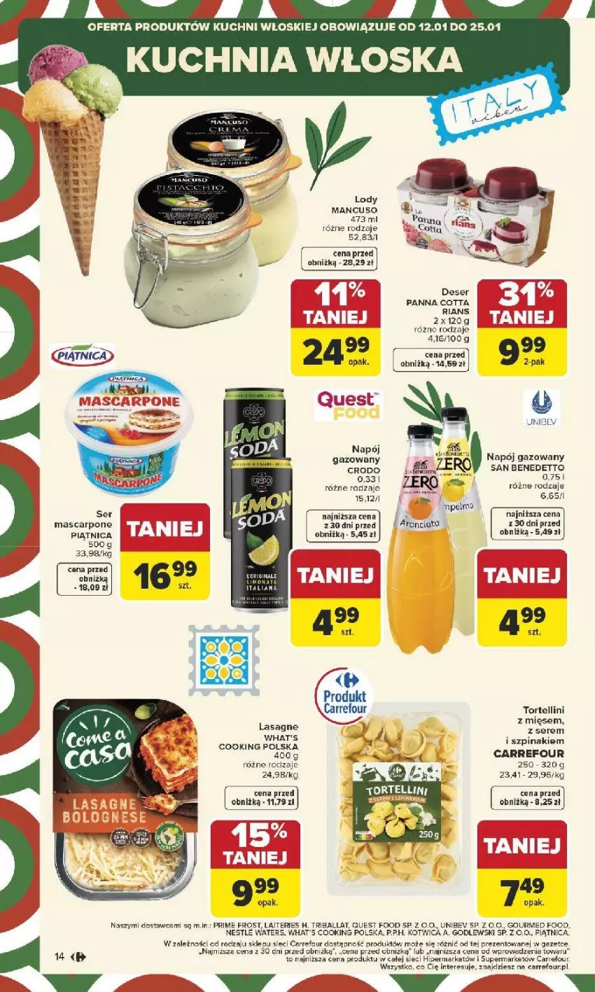 Gazetka promocyjna Carrefour - Gazetka Carrefour, Market od poniedziału! - ważna 12.01 do 17.01.2026 - strona 16 - produkty: Deser, Kuchnia, Lasagne, Lody, Mascarpone, Napój, Napój gazowany, Panna cotta, Piątnica, Ser, Szpinak, Znicz
