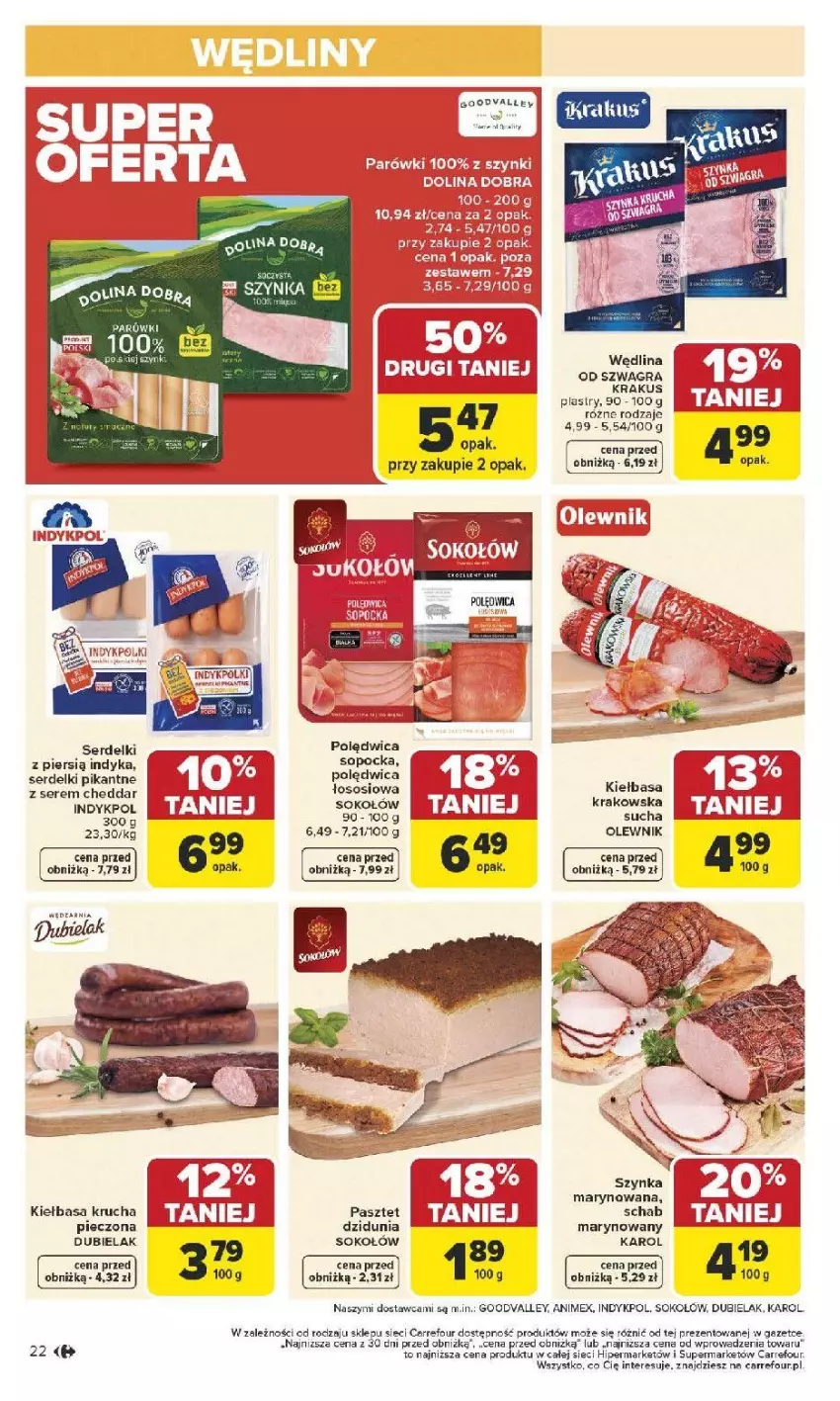 Gazetka promocyjna Carrefour - Gazetka Carrefour, Market od poniedziału! - ważna 12.01 do 17.01.2026 - strona 24 - produkty: Cheddar, Kiełbasa, Kiełbasa krucha, Krakus, Olewnik, Piec, Polędwica, Por, Ser, Serdelki, Sok, Sokołów, Szynka