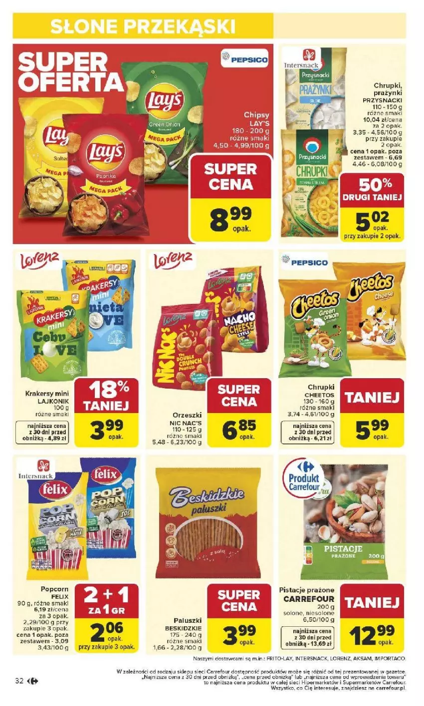 Gazetka promocyjna Carrefour - Gazetka Carrefour, Market od poniedziału! - ważna 12.01 do 17.01.2026 - strona 34 - produkty: Aksam, Cheetos, Chrupki, Felix, Krakersy, Lajkonik, Lorenz, Orzeszki, Pistacje, Popcorn, Por, Przysnacki