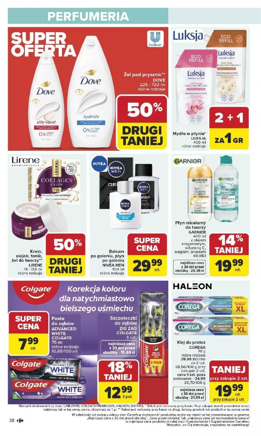 Gazetka promocyjna Carrefour - Gazetka Carrefour, Market od poniedziału! - ważna 12.01 do 17.01.2026 - strona 40 - produkty: Colgate, Corega, Deser, Fa, Garnier, Gra, Klej, LG, Lirene, Luksja, Mydło, Mydło w płynie, Nivea, Nivea Men, Olej, Palmolive, Perfum, Płyn micelarny, Por, Ser, Tonik, Waga