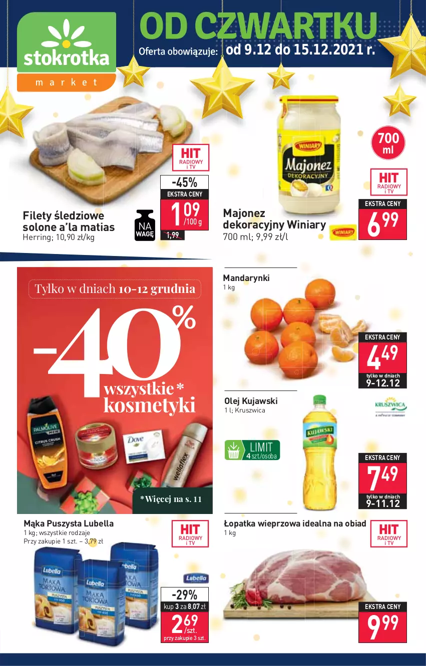 Gazetka promocyjna Stokrotka - Market - ważna 09.12 do 15.12.2021 - strona 1 - produkty: Bell, Bella, Kujawski, Lubella, Majonez, Mąka, Mandarynki, Olej, Winiary