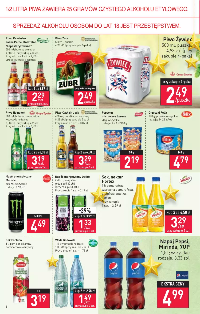 Gazetka promocyjna Stokrotka - Market - ważna 09.12 do 15.12.2021 - strona 8 - produkty: 7up, Captain Jack, Felix, Fortuna, Gra, Grejpfrut, Heineken, Hortex, Kasztelan, Lorenz, Mirinda, Napój, Napój energetyczny, Nektar, Orzeszki, Pepsi, Piwa, Piwo, Popcorn, Sok, Woda