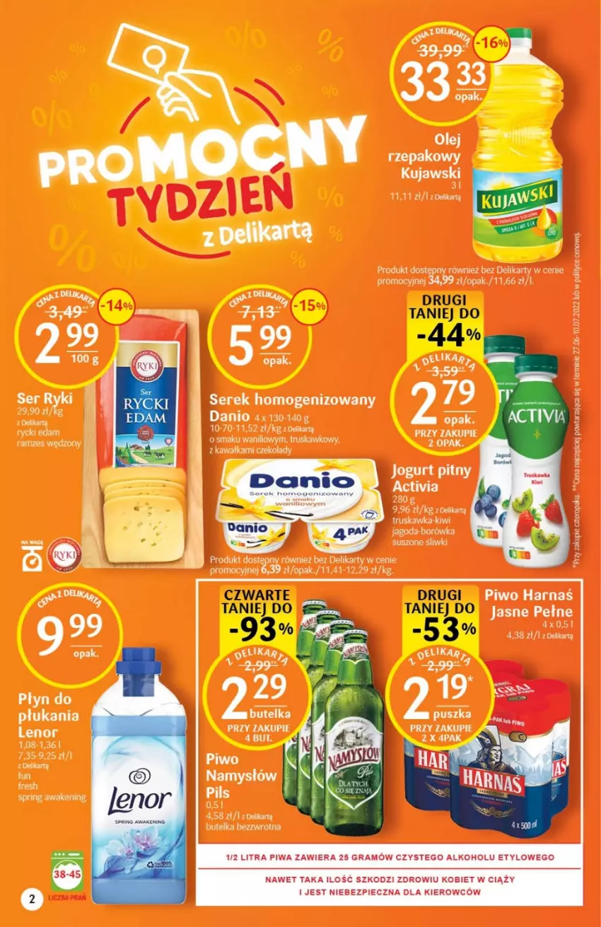 Gazetka promocyjna Delikatesy Centrum - Gazetka DC33 - ważna 25.08 do 31.08.2022 - strona 2 - produkty: Activia, Borówka, Danio, Edam, Gra, Harnaś, Jogurt, Jogurt pitny, Kawa, Kiwi, Kujawski, Lenor, Namysłów, Piec, Piwa, Piwo, Rycki Edam, Ser, Serek, Serek homogenizowany