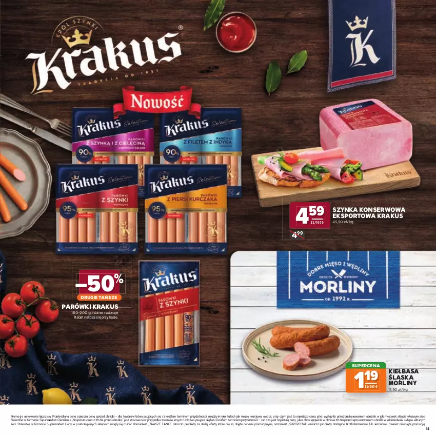 Gazetka promocyjna Stokrotka - Katalog Jesienne Inspiracje! - ważna 15.10 do 28.10.2026 - strona 15 - produkty: Kiełbasa, Kiełbasa śląska, Krakus, Mięso, Morliny, Owoce, Parówki, Por, Ser, Sport, Szynka, Szynka konserwowa, Warzywa