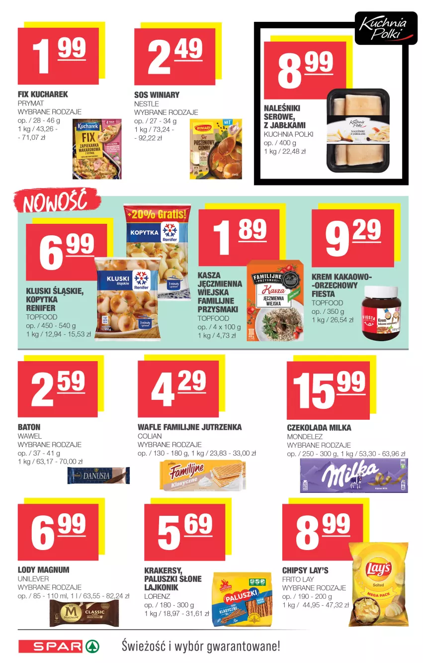 Gazetka promocyjna Spar - Spar - ważna 07.09 do 17.09.2025 - strona 6 - produkty: Baton, Chipsy, Czekolada, Fa, Jutrzenka, Kakao, Kasza, Kopytka, Krakersy, Kucharek, Kuchnia, Lajkonik, Lody, Lorenz, Milka, Prymat, Przysmaki, Renifer, Ser, Sos, Top, Wafle, Wawel, Winiary, Zapiekanka