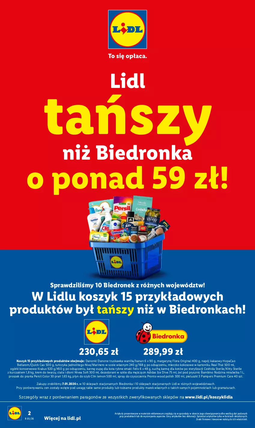 Gazetka promocyjna Lidl - GAZETKA - ważna 26.01 do 31.01.2026 - strona 2 - produkty: Adidas, Bell, Bella, Clin, Danone, Danonki, Dezodorant, Felix, Flora, Gin, Gra, Kakao, Kokos, Kosz, Krakus, Krem do twarzy, Kurczak, Mleczko, Napój, Nivea, Ogórki konserwowe, Pampers, Persil, Płyn do szyb, Por, Pronto, Proszek do prania, Rama, Ser, Sos, Spray do czyszczenia, Tonik, Tuńczyk