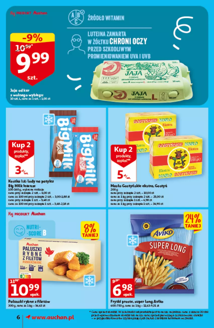 Gazetka promocyjna Auchan - Gazetka Oferta tygodnia Supermarket Auchan - ważna 09.06 do 14.06.2023 - strona 6 - produkty: Big Milk, Fa, Frytki, Jaja, Lody, Masło, Noż, Paluszki rybne