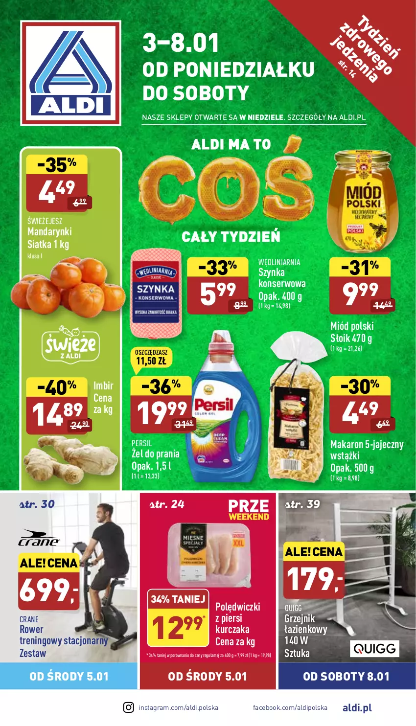 Gazetka promocyjna Aldi - Pełny katalog - ważna 03.01 do 08.01.2022 - strona 1 - produkty: Fa, Gra, Grzejnik, Grzejnik łazienkowy, Imbir, Kurczak, Makaron, Mandarynki, Miód, Persil, Por, Rower, Ser, Siatka, Szynka, Szynka konserwowa