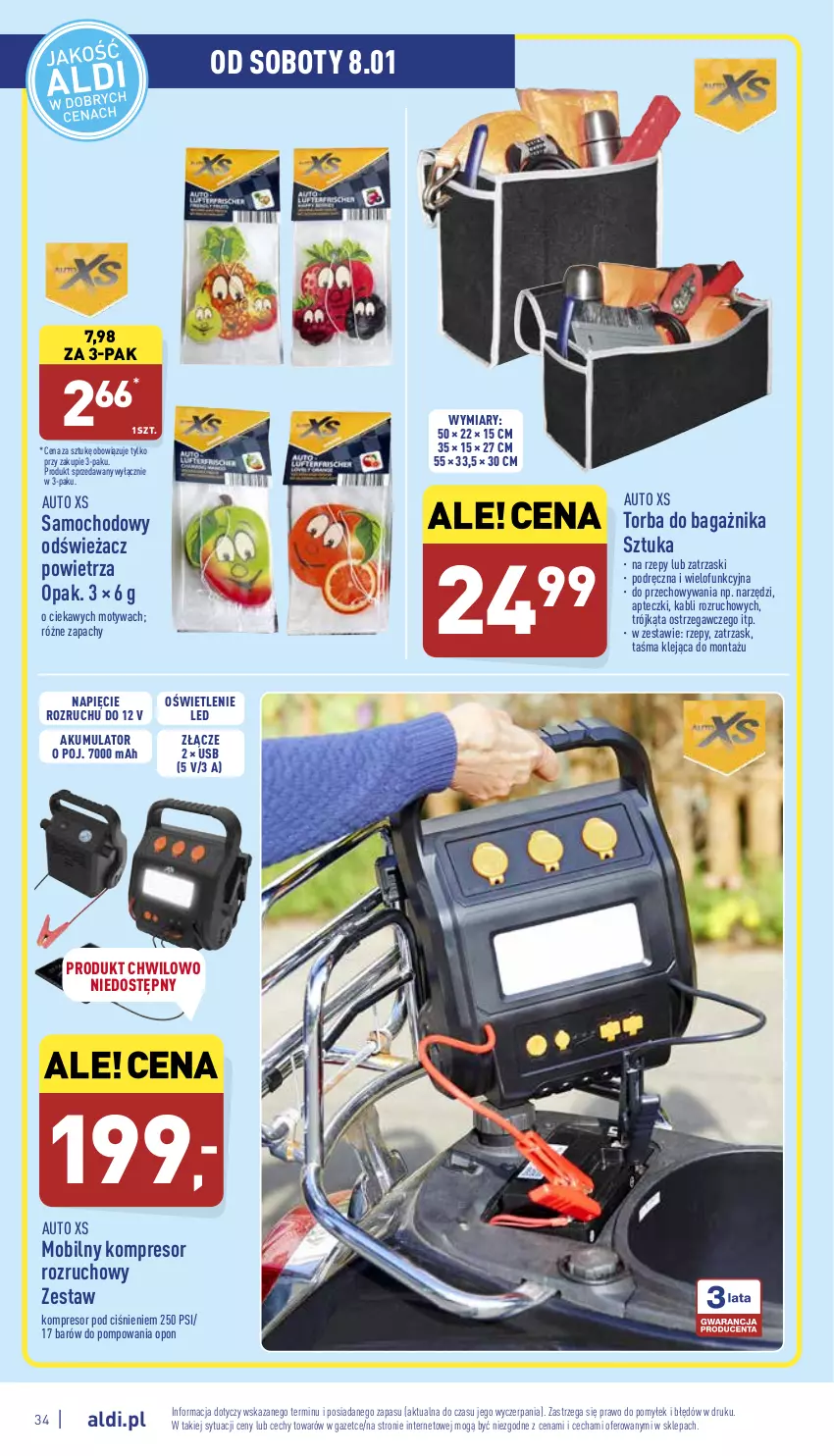 Gazetka promocyjna Aldi - Pełny katalog - ważna 03.01 do 08.01.2022 - strona 34 - produkty: Akumulator, Klej, Kompresor, Mobil, O Bag, Odświeżacz powietrza, Torba