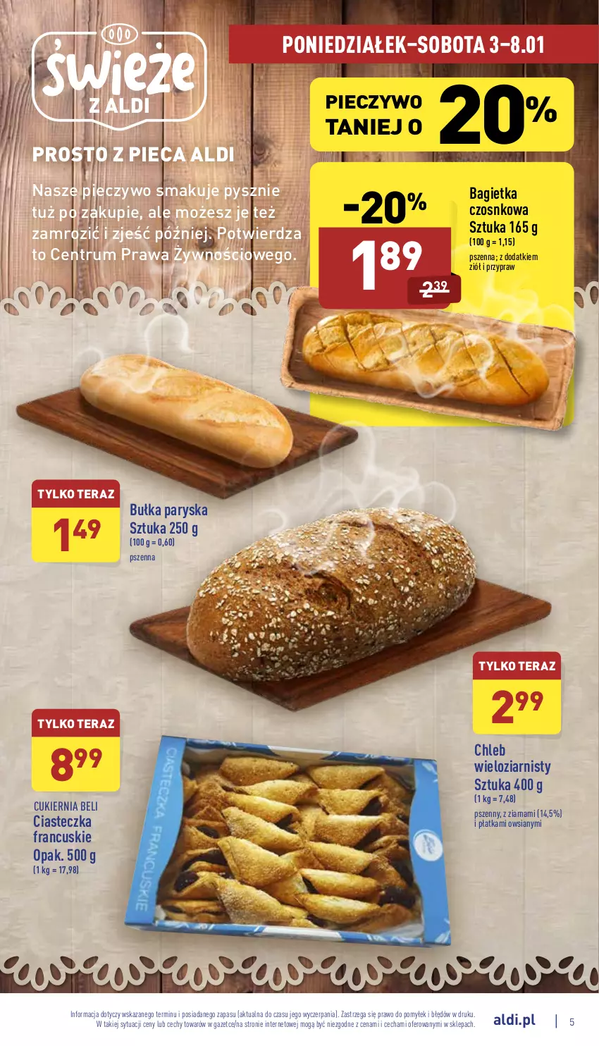 Gazetka promocyjna Aldi - Pełny katalog - ważna 03.01 do 08.01.2022 - strona 5 - produkty: Bagietka, Bagietka czosnkowa, Bułka, Chleb, Chleb wieloziarnisty, Cukier, Piec, Pieczywo, Rum, Tera