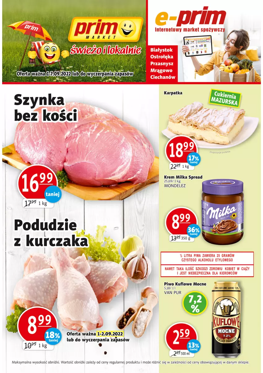 Gazetka promocyjna Prim Market - ważna 01.09 do 07.09.2022 - strona 1 - produkty: Gra, Kurczak, Milka, Piec, Piwa, Piwo, Podudzie z kurczaka, Pur, Sok, Szynka