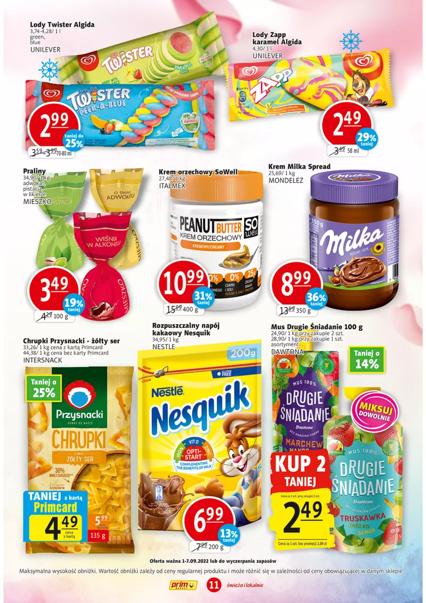 Gazetka promocyjna Prim Market - ważna 01.09 do 07.09.2022 - strona 11 - produkty: Algida, Chrupki, Kakao, Krem orzechowy, LG, Lody, Milka, Mus, Napój, Nesquik, Przysnacki, Ser