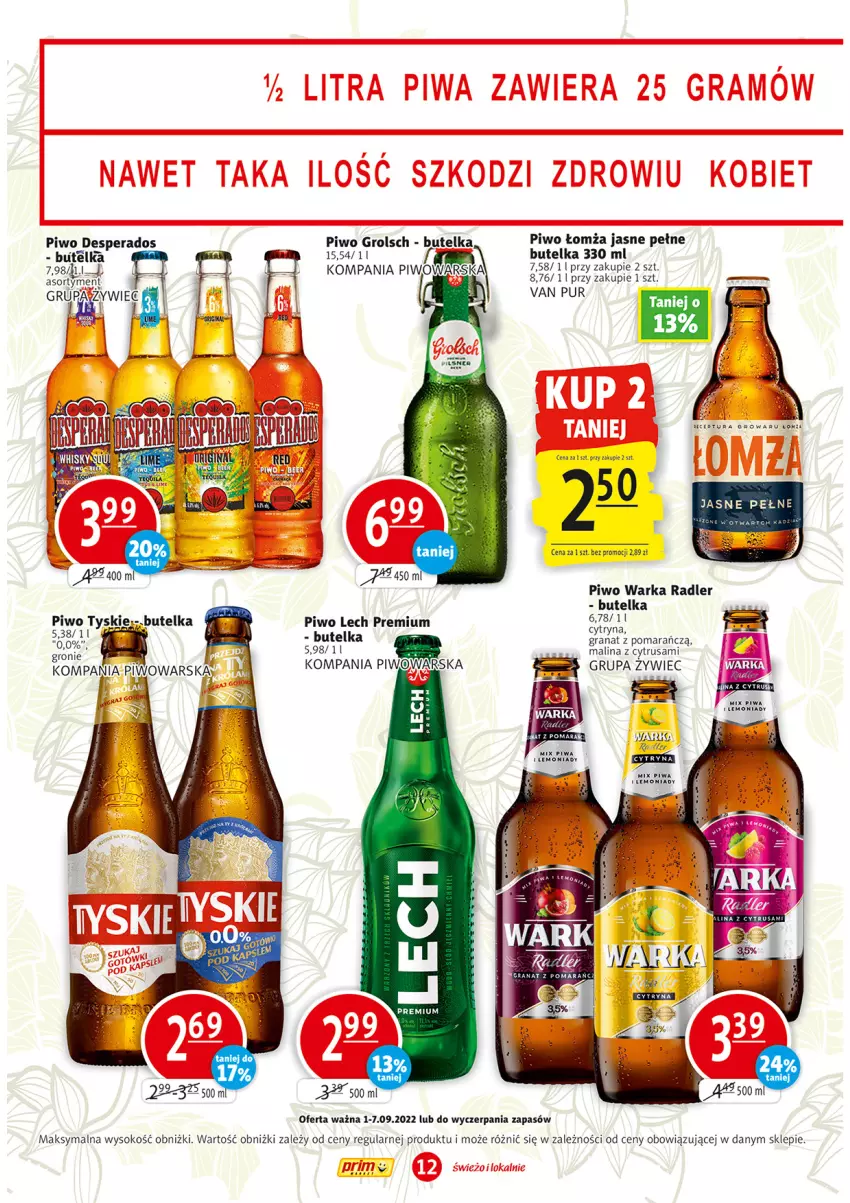 Gazetka promocyjna Prim Market - ważna 01.09 do 07.09.2022 - strona 12 - produkty: Desperados, Gra, Granat, Lech Premium, Piwa, Piwo, Pur, Radler, Rura, Sok, Tyskie, Warka