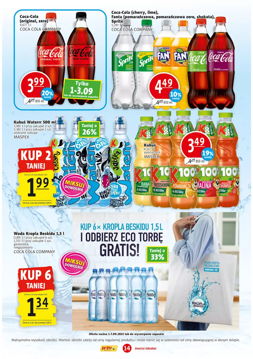 Gazetka promocyjna Prim Market - ważna 01.09 do 07.09.2022 - strona 14 - produkty: Coca-Cola, Fa, Fanta, Gin, Kubuś, Kubuś Waterrr, Sok, Sprite