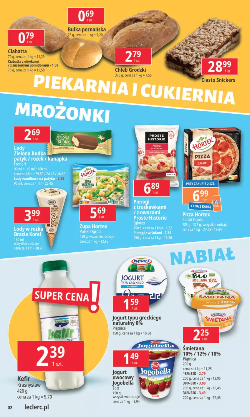 Gazetka promocyjna E Leclerc - ważna 06.05 do 13.05.2024 - strona 2 - produkty: Bell, Bella, Chleb, Ciabatta, Jogobella, Jogurt, Kefir, Piątnica, Snickers, Zott