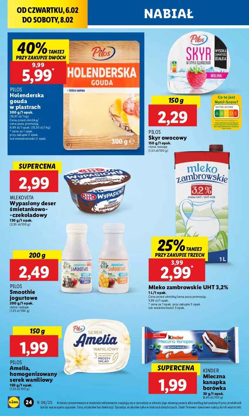 Gazetka promocyjna Lidl - GAZETKA - ważna 06.02 do 08.02.2025 - strona 30 - produkty: Borówka, Deser, Gouda, Jogurt, Kinder, Mleczna kanapka, Mleko, Mlekovita, Pilos, Ser, Serek, Smoothie