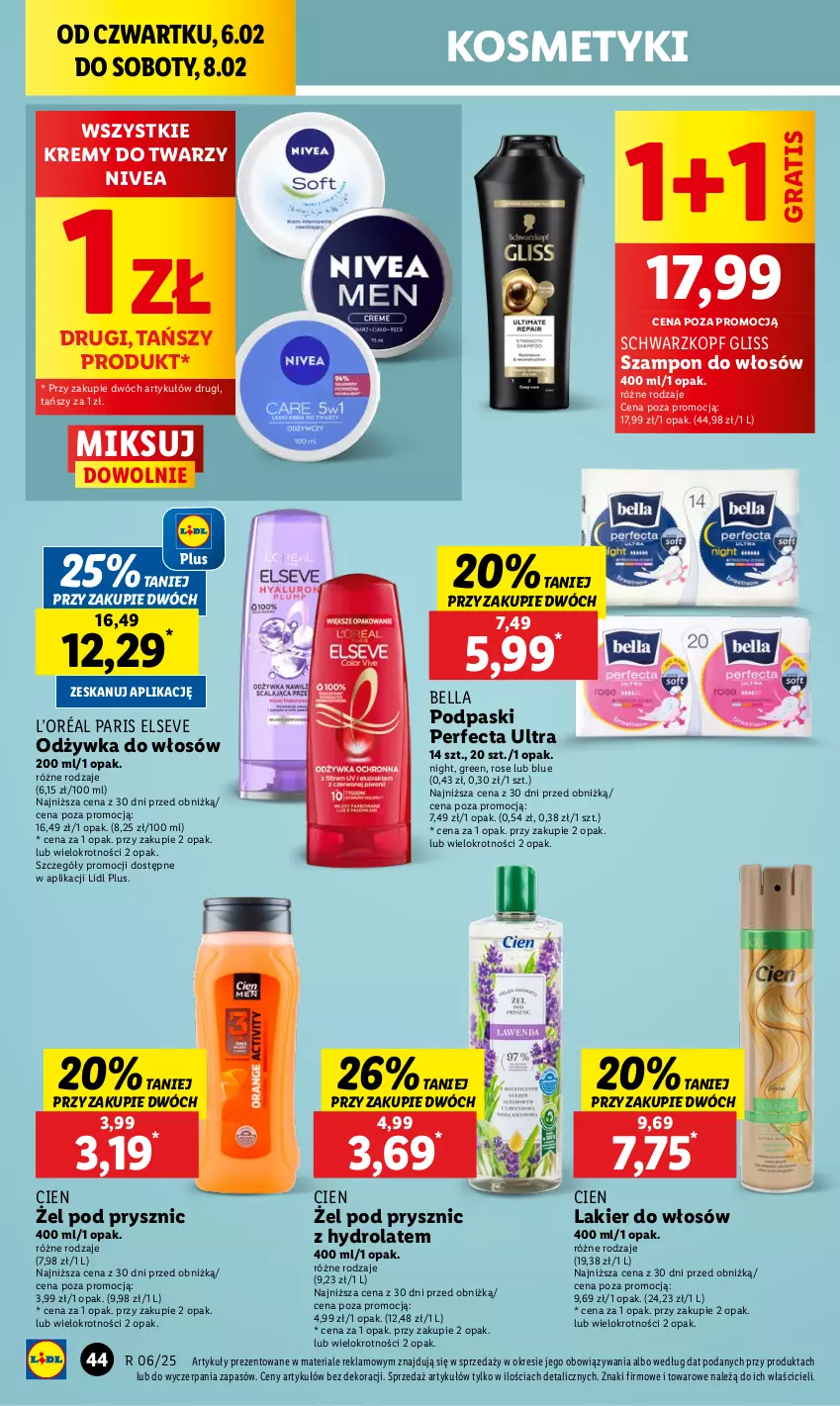 Gazetka promocyjna Lidl - GAZETKA - ważna 06.02 do 08.02.2025 - strona 52 - produkty: Bell, Bella, Elseve, Gra, Hydrolat, L’Oréal, Lakier, Lakier do włosów, Nivea, Odżywka, Perfecta, Podpaski, Schwarzkopf, Szampon