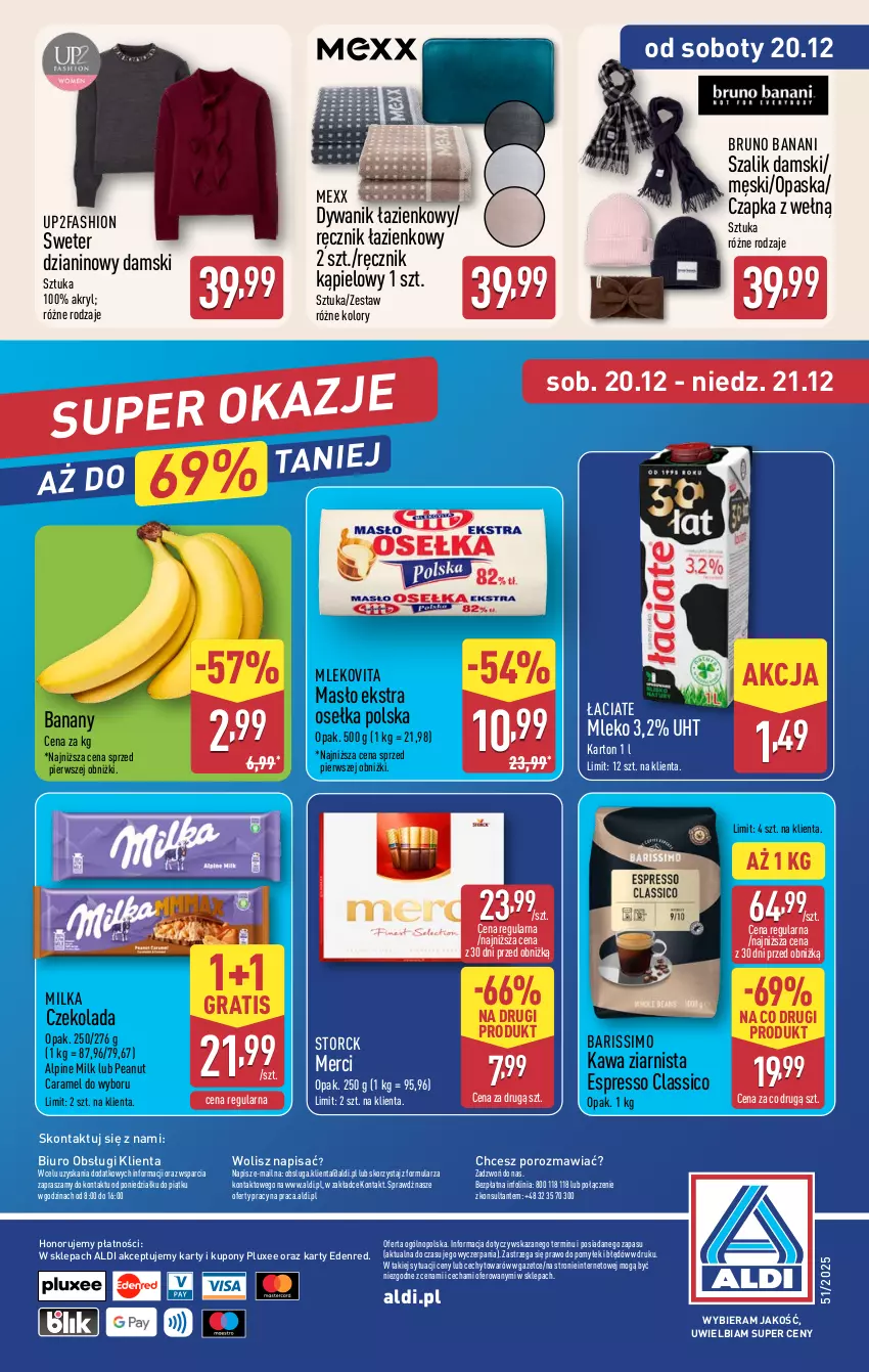 Gazetka promocyjna Aldi - Oferta weekendowa - ważna 18.12 do 21.12.2025 - strona 19 - produkty: Banany, Biuro, Bruno Banani, Czapka, Czekolada, Dywan, Dywanik, Dywanik łazienkowy, Fa, Gra, Kawa, Kawa ziarnista, Masło, Merci, Mexx, Milka, Mleko, Mlekovita, O nas, Opaska, Por, Ręcznik, Ręcznik kąpielowy, Sweter, Szal