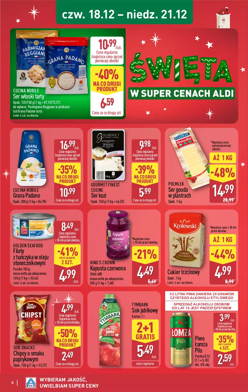 Gazetka promocyjna Aldi - Oferta weekendowa - ważna 18.12 do 21.12.2025 - strona 8 - produkty: Chipsy, Cukier, Cukier trzcinowy, Golden Seafood, Gouda, Gra, King’s Crown, Olej, Piwa, Piwo, POLMLEK, Ser, Ser kozi, Sok, Sok jabłkowy, Tuńczyk, Tymbark