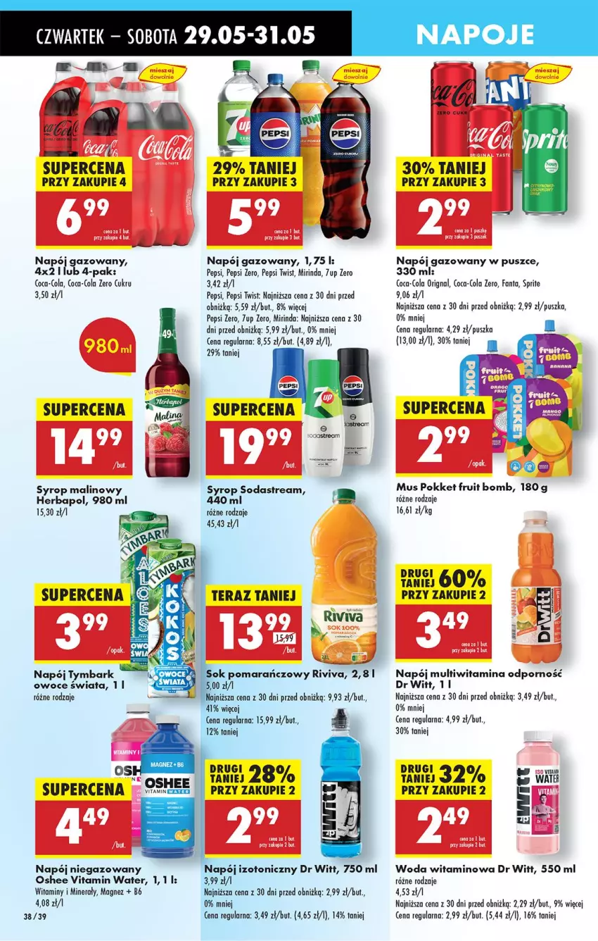 Gazetka promocyjna Biedronka - Od Czwartku - ważna 29.05 do 04.06.2025 - strona 46 - produkty: 7up, Coca-Cola, Fa, Fanta, Herbapol, Magnez, Mirinda, Mus, Napój, Napój gazowany, Napój izotoniczny, Napój niegazowany, Napoje, Oshee, Owoce, Pepsi, Por, Sok, Sok pomarańczowy, Sprite, Syrop, Tera, Tymbark, Woda
