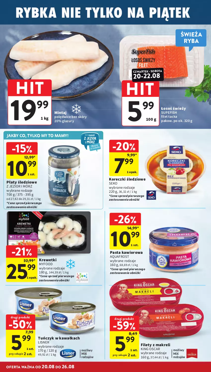 Gazetka promocyjna Intermarche - Gazetka promocyjna - ważna 20.08 do 26.08.2026 - strona 20 - produkty: Kawa, Kawior, Koreczki śledziowe, Krewetki, Lazur, Lisner, Mintaj, Płaty śledziowe, Ryba, SEKO, Tuńczyk