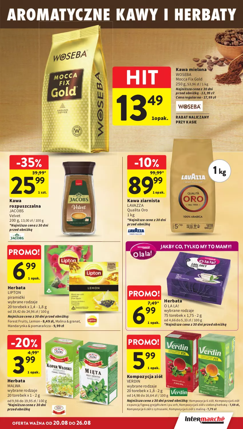 Gazetka promocyjna Intermarche - Gazetka promocyjna - ważna 20.08 do 26.08.2026 - strona 27 - produkty: Gra, Granat, Grejpfrut, Herbata, Jacobs, Jacobs Velvet, Kawa, Kawa mielona, Kawa rozpuszczalna, Kawa ziarnista, Lavazza, Lipton, Mocca Fix Gold, Velvet, Woseba