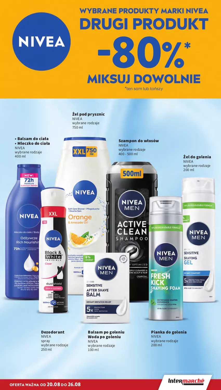 Gazetka promocyjna Intermarche - Gazetka promocyjna - ważna 20.08 do 26.08.2026 - strona 39 - produkty: Balsam do ciała, Balsam po goleniu, Dezodorant, Mleczko, Mleczko do ciała, Nivea, Pianka do golenia, Szampon, Woda, Woda po goleniu
