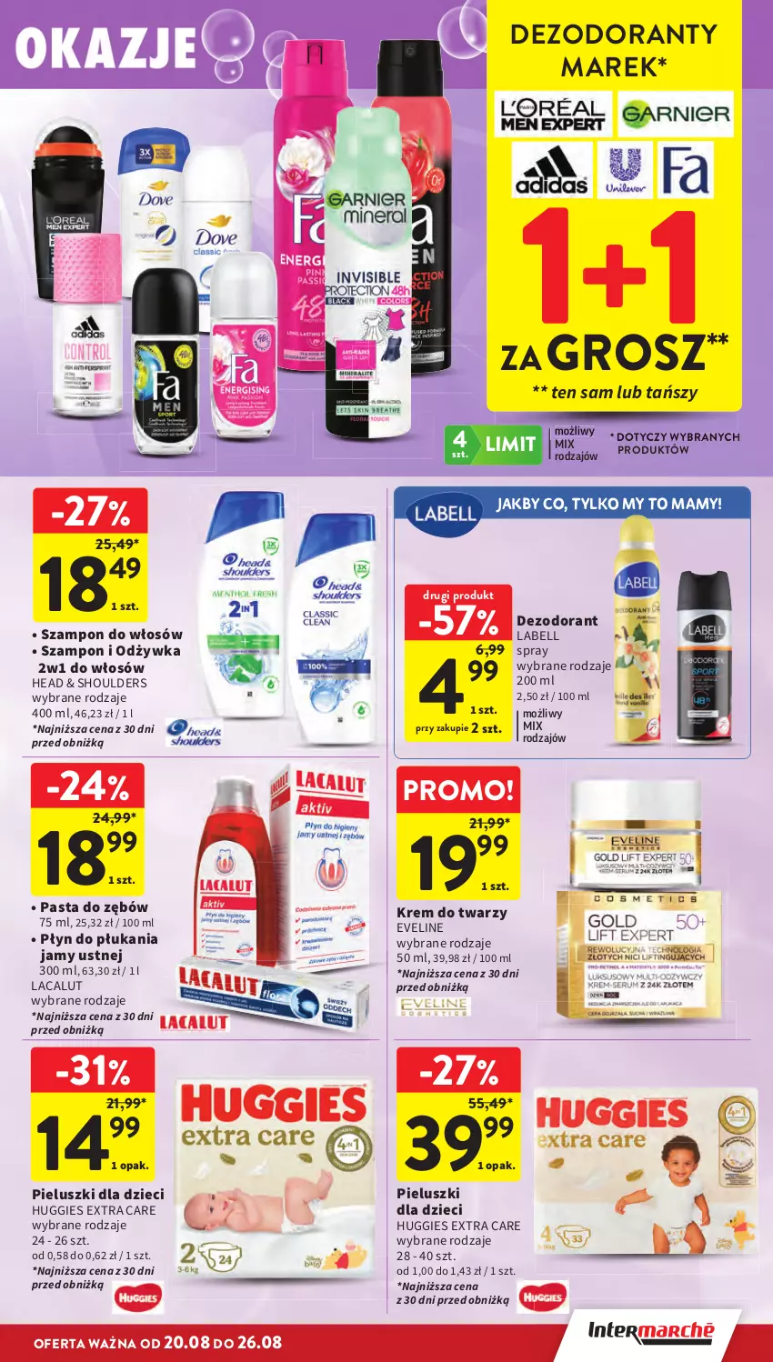 Gazetka promocyjna Intermarche - Gazetka promocyjna - ważna 20.08 do 26.08.2026 - strona 41 - produkty: Bell, Dezodorant, Dzieci, Eveline, Huggies, Krem do twarzy, Lacalut, Odżywka, Pasta do zębów, Płyn do płukania, Płyn do płukania jamy ustnej, Szampon