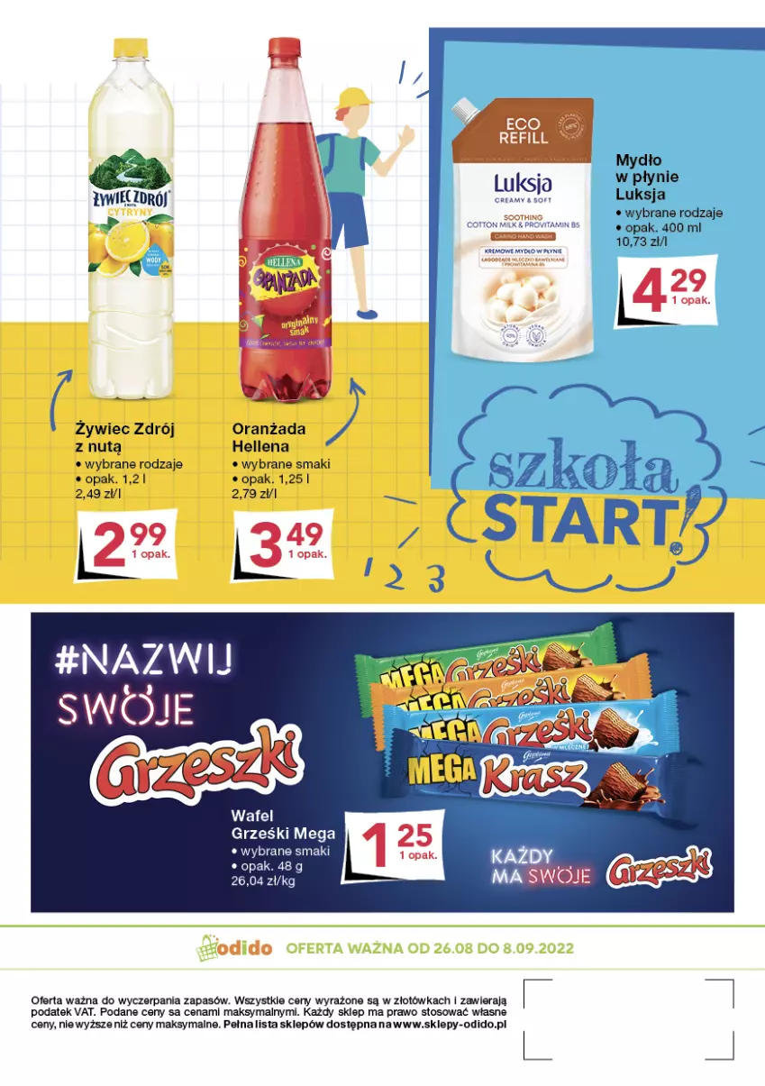 Gazetka promocyjna Odido - Szkoła START! - ważna 26.08 do 08.09.2022 - strona 8 - produkty: Grześki, Hellena, Luksja, Mydło, Mydło w płynie, Oranżada