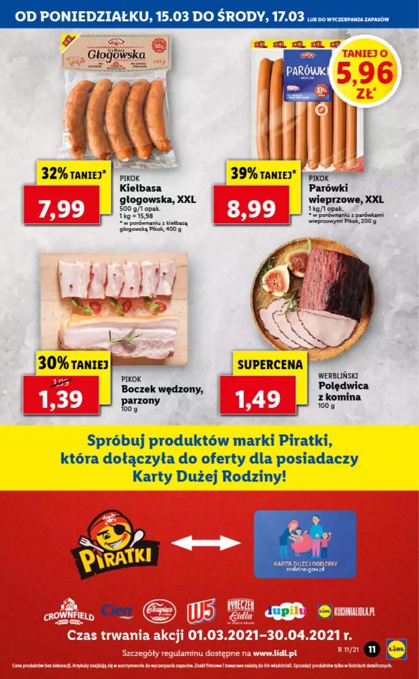 Gazetka promocyjna Lidl - GAZETKA - ważna 15.03 do 17.03.2021 - strona 11 - produkty: Boczek, Kiełbasa, Parówki, PIKOK, Polędwica, Por