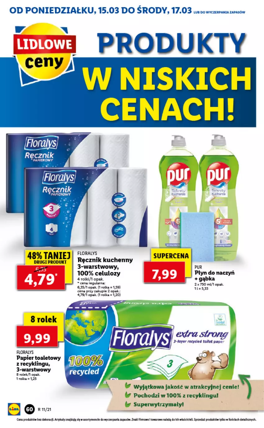 Gazetka promocyjna Lidl - GAZETKA - ważna 15.03 do 17.03.2021 - strona 60 - produkty: Flora, Papier, Papier toaletowy, Pur, Ręcznik, Ręcznik kuchenny, Rolki