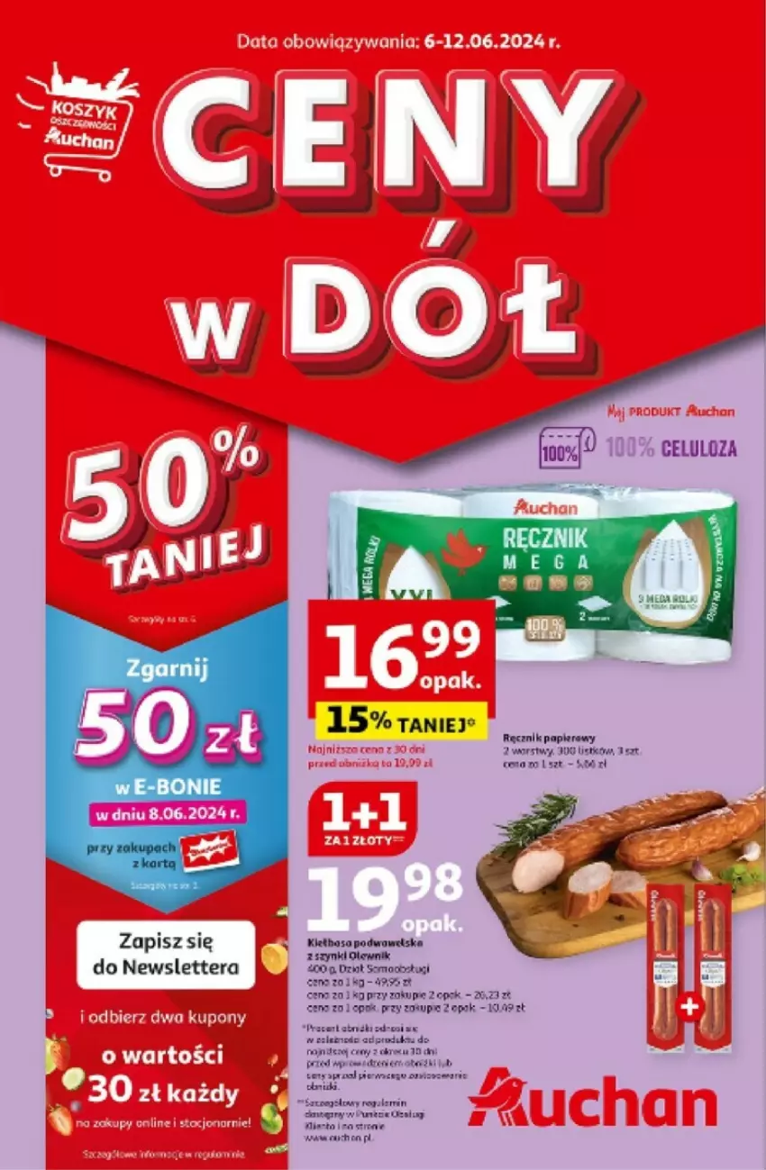 Gazetka promocyjna Auchan - ważna 06.06 do 12.06.2024 - strona 1 - produkty: Gra, Kiełbasa, Olewnik, Papier, Ręcznik, Ryż, Tera