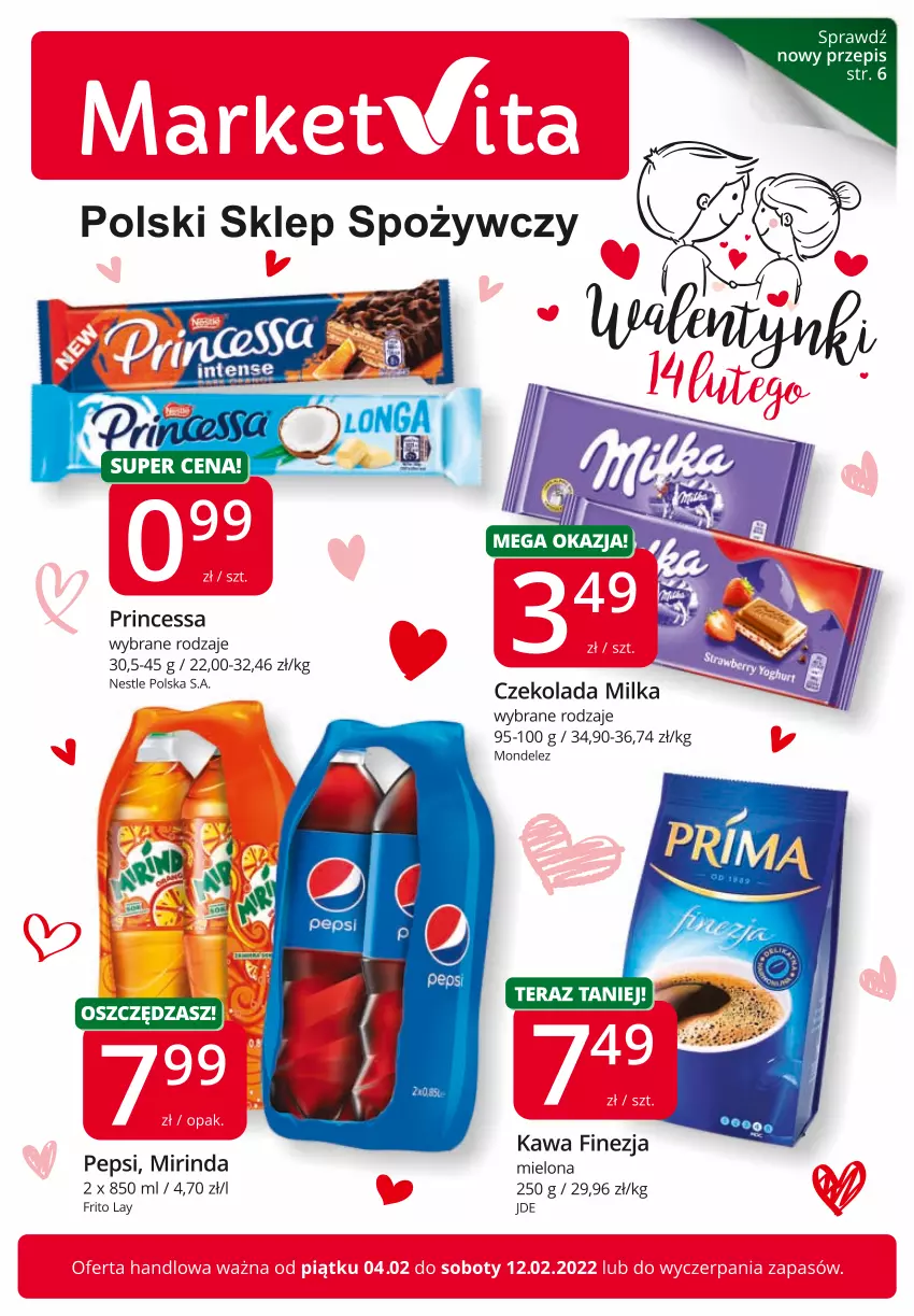 Gazetka promocyjna Market Vita - Gazetka promocyjna – Marketvita - ważna 04.02 do 12.02.2022 - strona 1 - produkty: Czekolada, HP, Kawa, Milka, Mirinda, Pepsi, Princessa, Tera