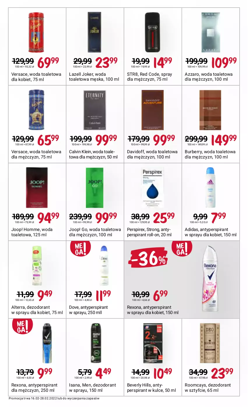 Gazetka promocyjna Rossmann - ważna 16.02 do 28.02.2022 - strona 11 - produkty: Adidas, Alterra, Antyperspirant, Azzaro, Burberry, Calvin Klein, Davidoff, Dezodorant, Dove, Isana, JOOP!, Lazell, Rexona, Str8, Versace, Woda, Woda toaletowa