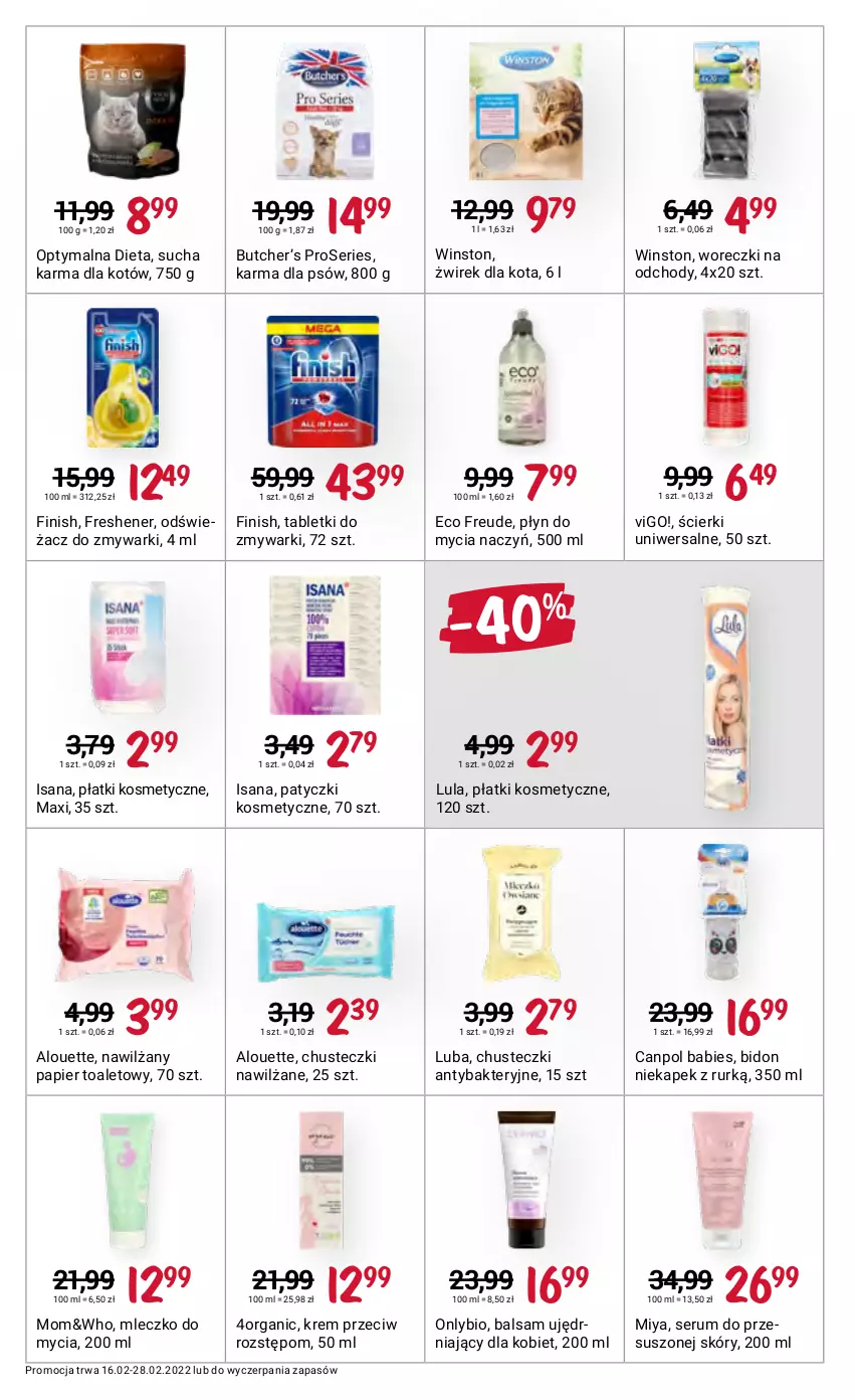 Gazetka promocyjna Rossmann - ważna 16.02 do 28.02.2022 - strona 4 - produkty: Alouette, Canpol, Chusteczki, Do mycia naczyń, Finish, Isana, Mleczko, Nawilżany papier, Odświeżacz do zmywarki, Papier, Papier toaletowy, Patyczki kosmetyczne, Płatki kosmetyczne, Płyn do mycia, Płyn do mycia naczyń, Rum, Ser, Serum, Sucha karma, Tablet, Tabletki do zmywarki, Winston, Zmywarki