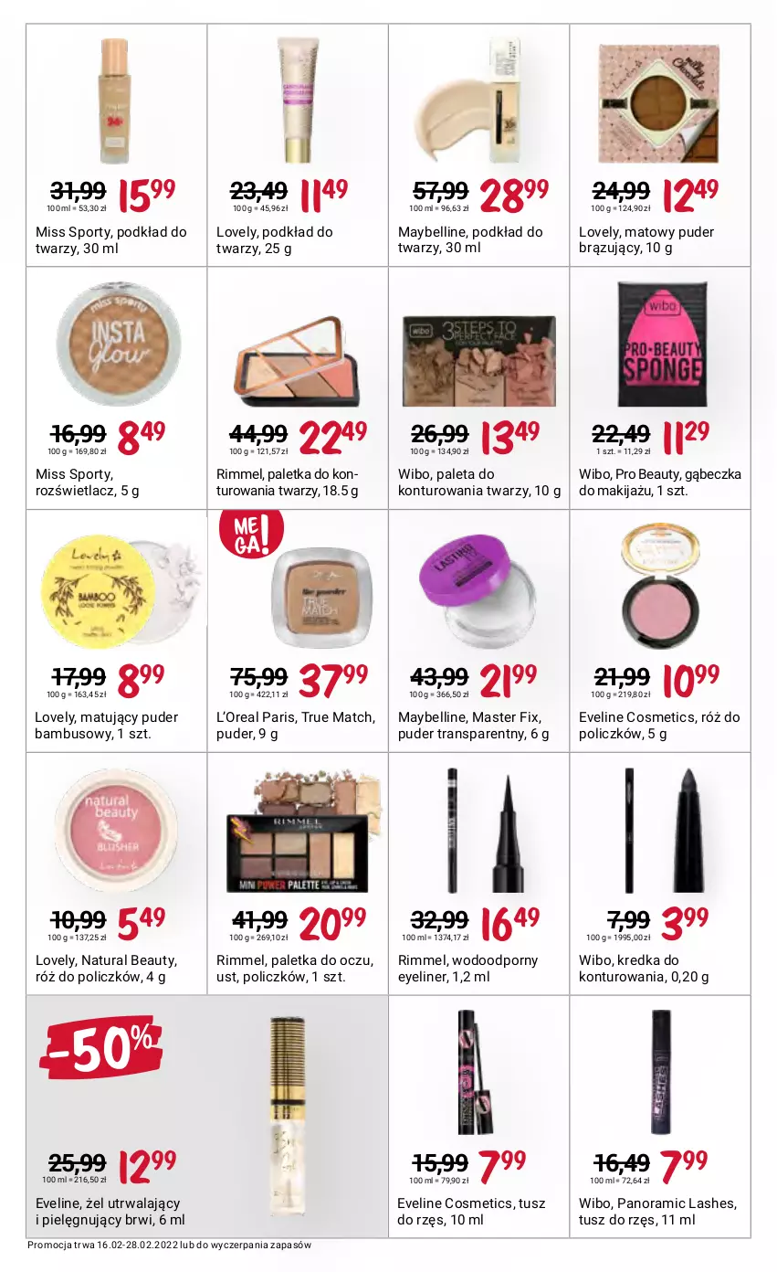 Gazetka promocyjna Rossmann - ważna 16.02 do 28.02.2022 - strona 9 - produkty: Bell, Eveline, Kredka, Lovely, Makijaż, Maybelline, Miss Sporty, Paleta, Podkład, Podkład do twarzy, Por, Puder, Róż do policzków, Rozświetlacz, Sport, Tran, Tusz, Wibo