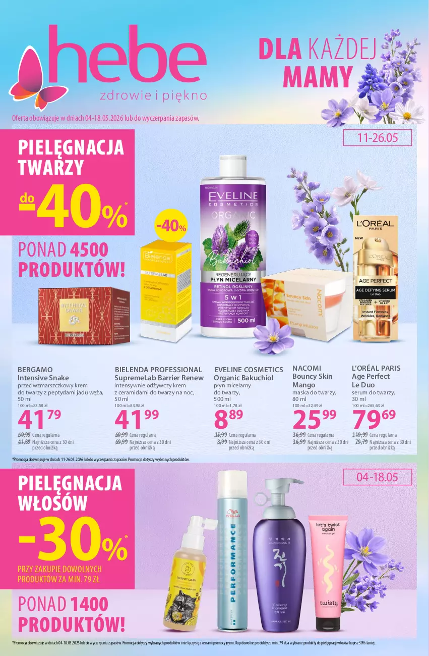 Gazetka promocyjna Hebe - Gazetka - ważna 04.05 do 18.05.2026 - strona 1 - produkty: Bielenda, Eveline, Krem do twarzy, L’Oréal, Mango, Mars, Maska, Maska do twarzy, Nacomi, Pielęgnacja włosów, Płyn micelarny, Rum, Ser, Serum, Serum do twarzy