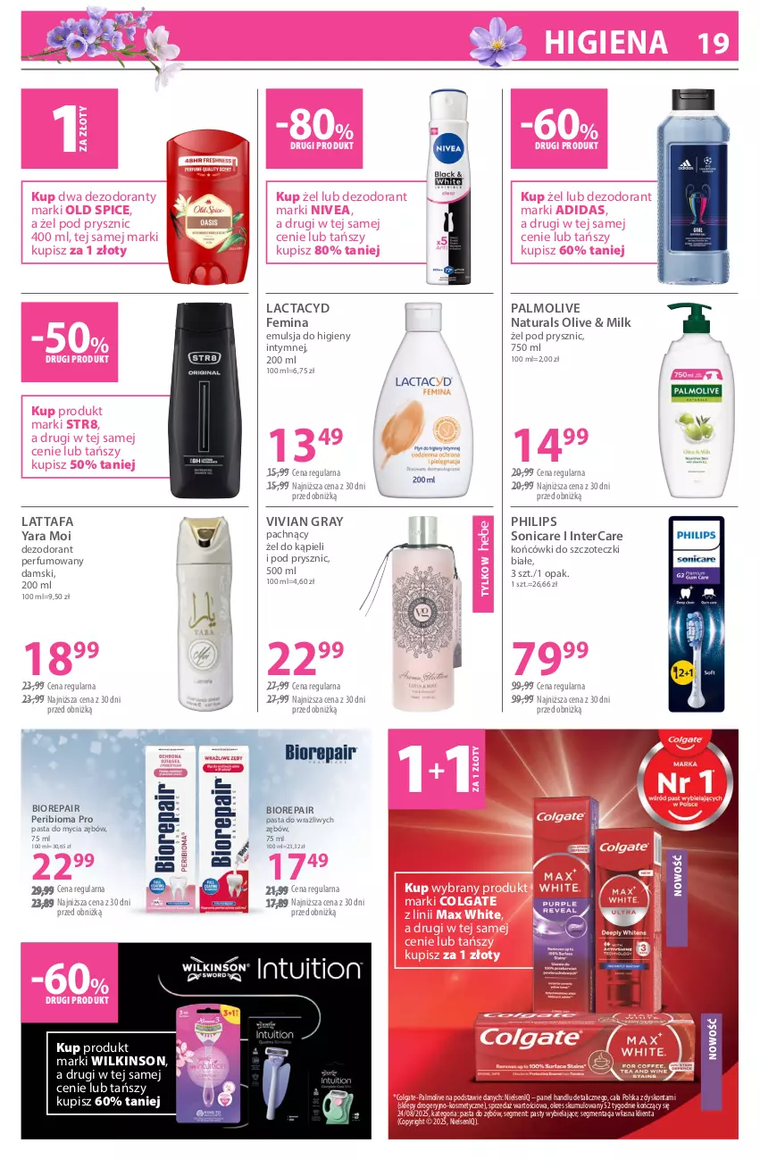 Gazetka promocyjna Hebe - Gazetka - ważna 04.05 do 18.05.2026 - strona 19 - produkty: Adidas, Biorepair, Colgate, Dezodorant, Emulsja, Fa, Gra, Końcówki do szczoteczk, Lactacyd, LG, Nivea, Old Spice, Palmolive, Pasta do zębów, Perfum, Philips, Str8