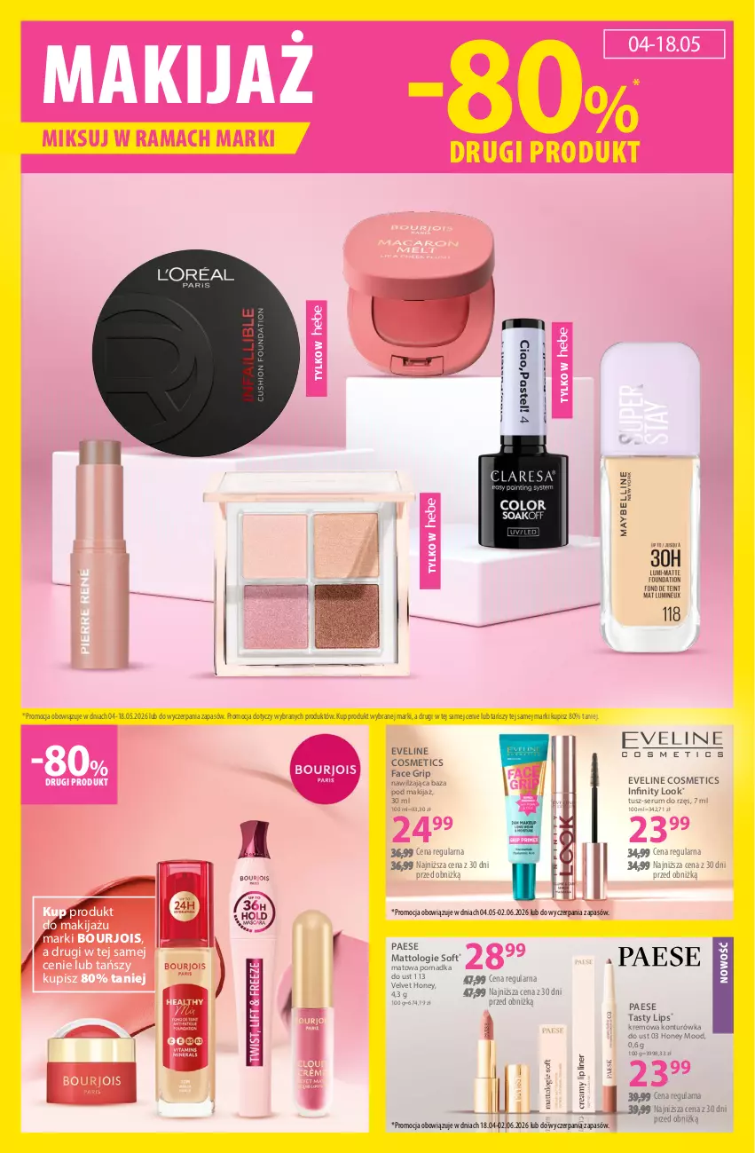 Gazetka promocyjna Hebe - Gazetka - ważna 04.05 do 18.05.2026 - strona 8 - produkty: Bourjois, Eveline, Fa, Konturówka do ust, Makijaż, PAESE, Rama, Rum, Ser, Serum, Tusz, Velvet