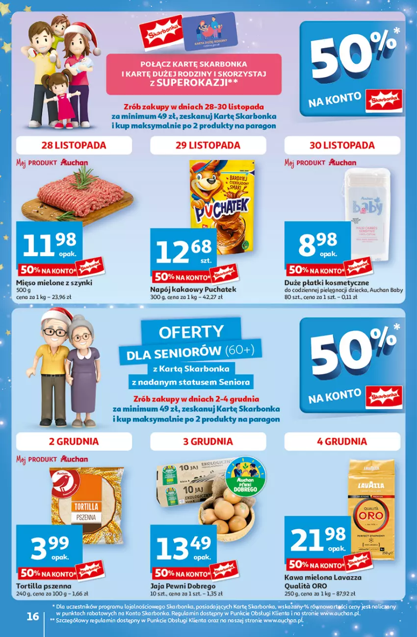 Gazetka promocyjna Auchan - Pewność Niskich Cen Hipermarket - ważna 28.11 do 04.12.2024 - strona 18 - produkty: Fa, Jaja, Kakao, Kawa, Kawa mielona, Lavazza, Mięso, Mięso mielone, Mięso mielone z szynki, Napój, Płatki kosmetyczne, Szyna, Top, Tortilla